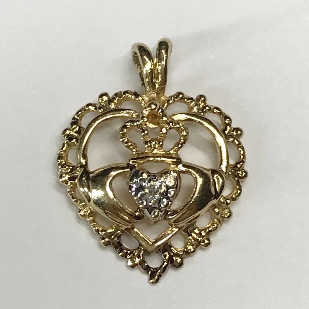 Vintage Solid 10K Yellow Gold .79g Diamond Claddagh Jacmel JCM Necklace Pendant